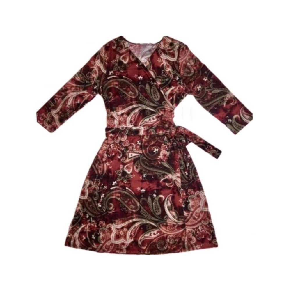 NEW L LuLaRoe Michelle True Wrap Dress Deep Red Paisley Floral 3/4 Sleeve 90s
